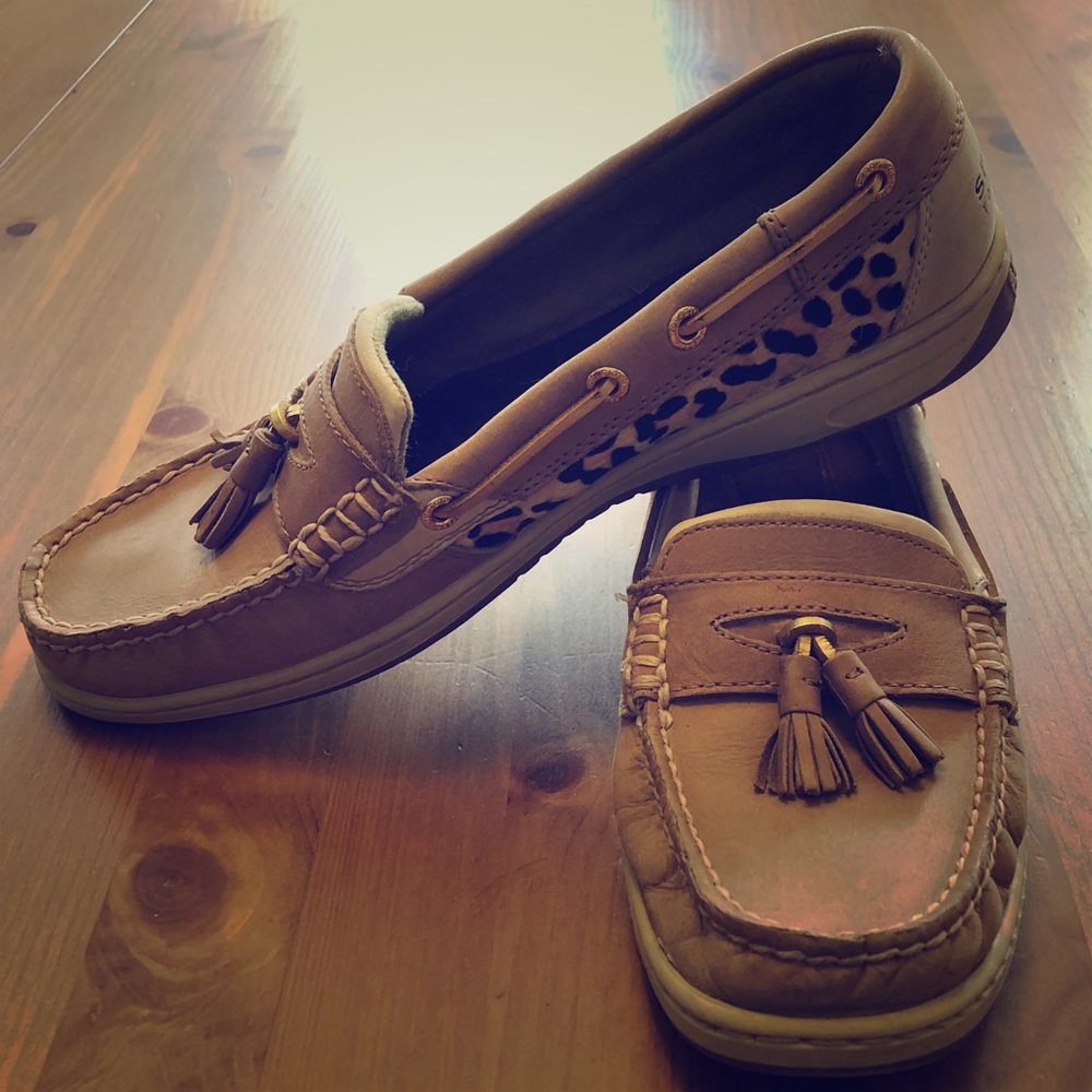 Sperry leopard loafers